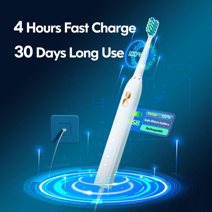 The white electric toothbrush has a blue aperture at the bottom, and the USB is connected to the socket to charge to 100. The 4-hour fast charge can be used for 30 days