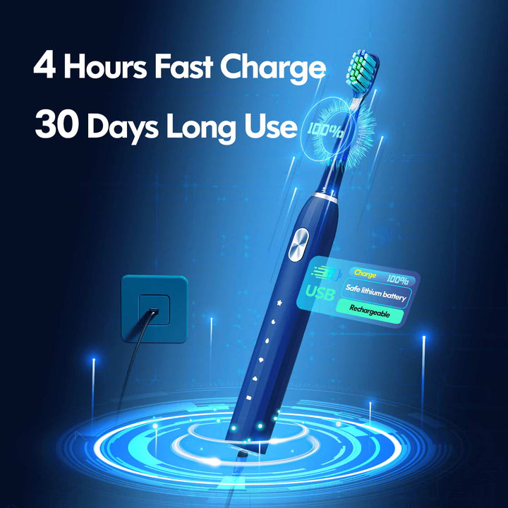 The blue electric toothbrush has a blue aperture at the bottom, and the USB is connected to the socket to charge to 100. The 4-hour fast charge can be used for 30 days