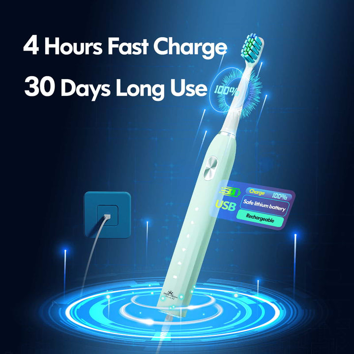 The green electric toothbrush has a blue aperture at the bottom, and the USB is connected to the socket to charge to 100. The 4-hour fast charge can be used for 30 days