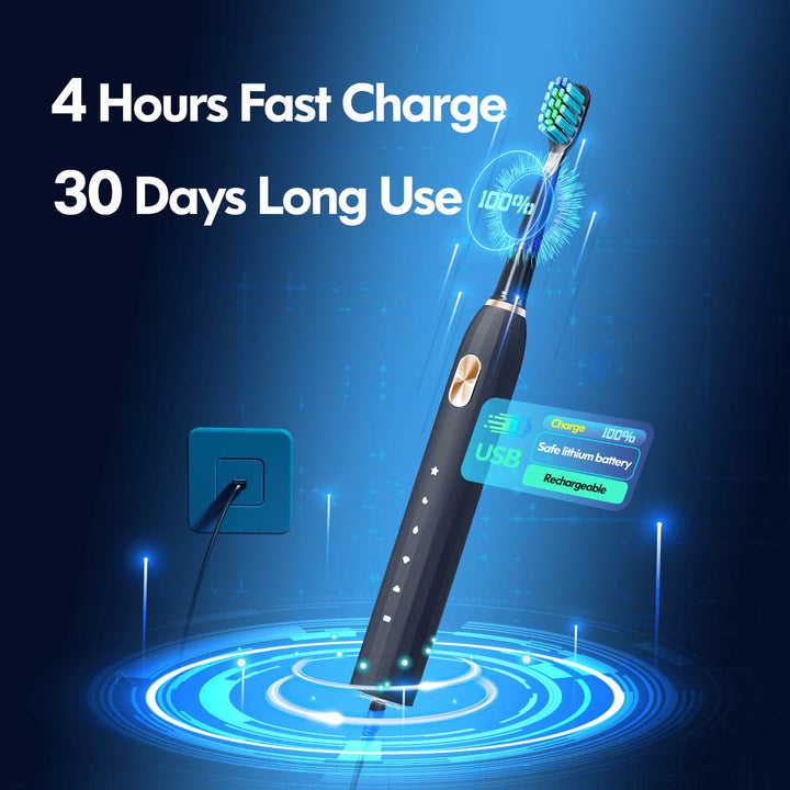 The black electric toothbrush has a blue aperture at the bottom, and the USB is connected to the socket to charge to 100. The 4-hour fast charge can be used for 30 days