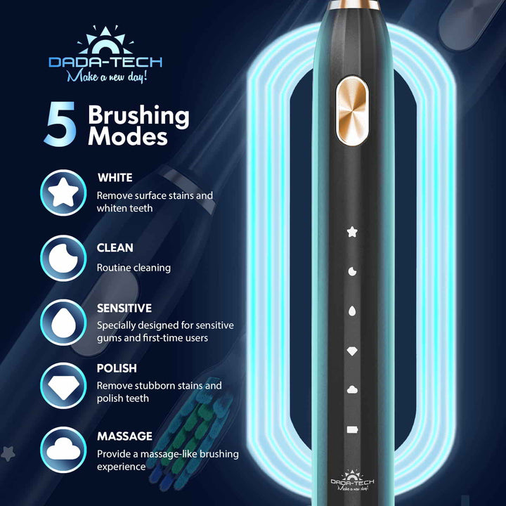 Black electric toothbrush handle with 5 brushing mode icons. White, clean, sensitive, polish, massage