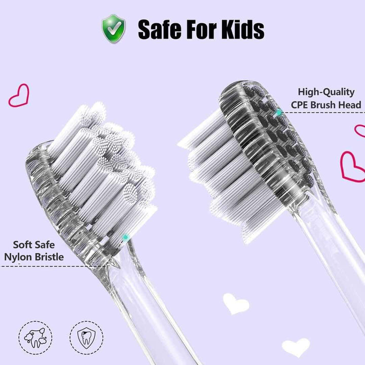 Two Kids Electric Toothbrush Replacement Heads, soft safe nylon bristle, high-quality CPE medium head and transparent handle.