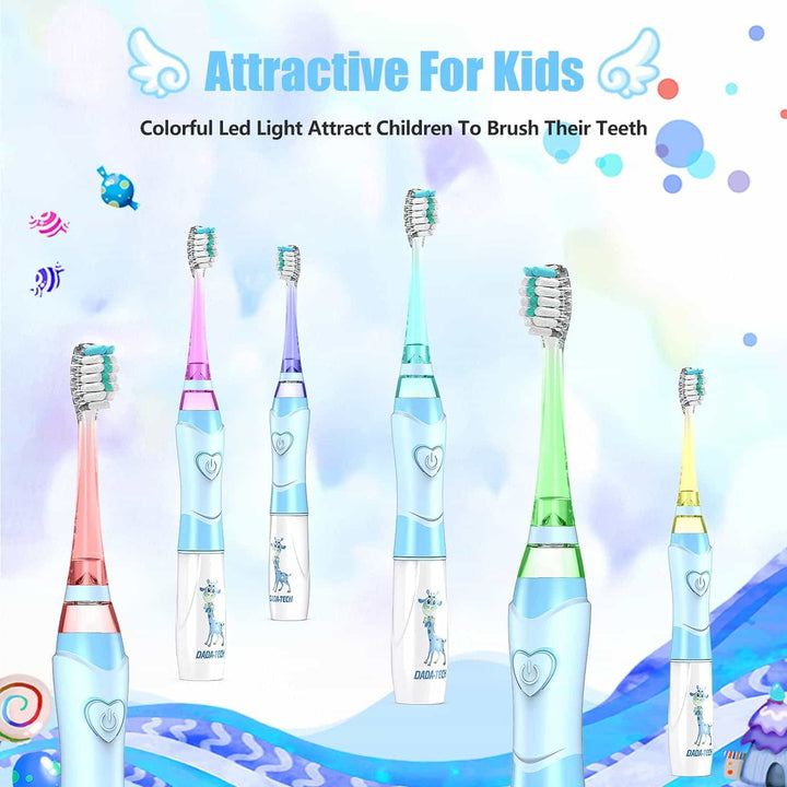 blue kids electric toothbrush that glows in six different colors, fantasy candy and clouds background