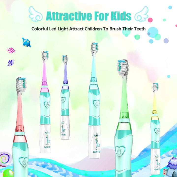 green kids electric toothbrush that glows in six different colors, fantasy candy and clouds background