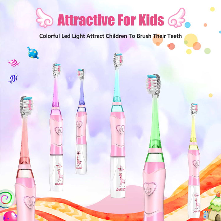 Pink kids electric toothbrush that glows in six different colors, fantasy candy and clouds background