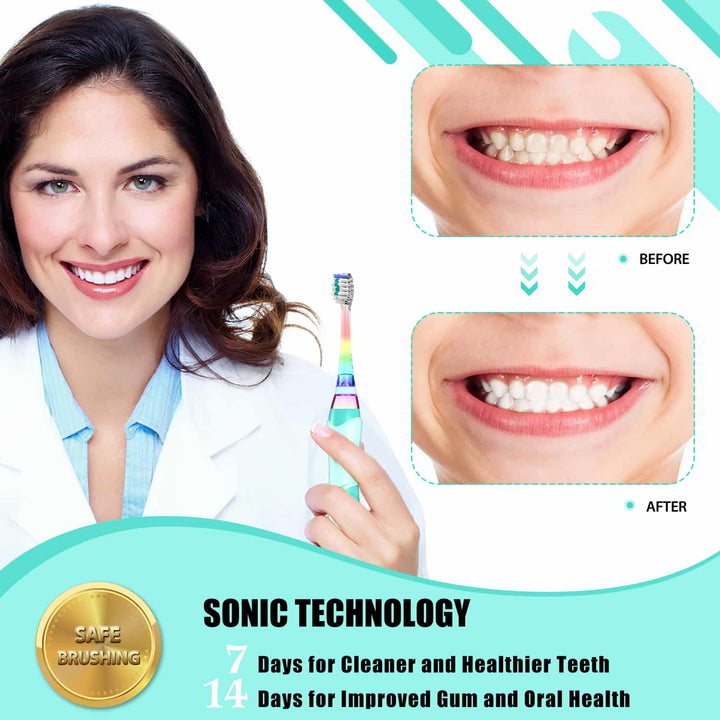 The lady dentist is holding a green toothbrush and smiling. Tooth comparison before and after using the latest technology toothbrush.