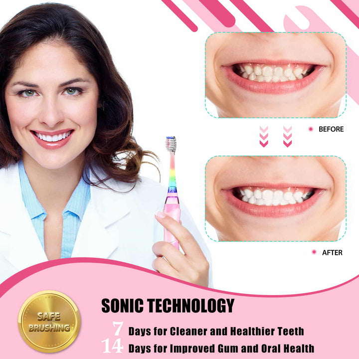 The lady dentist is holding a pink toothbrush and smiling. Tooth comparison before and after using the latest technology toothbrush.