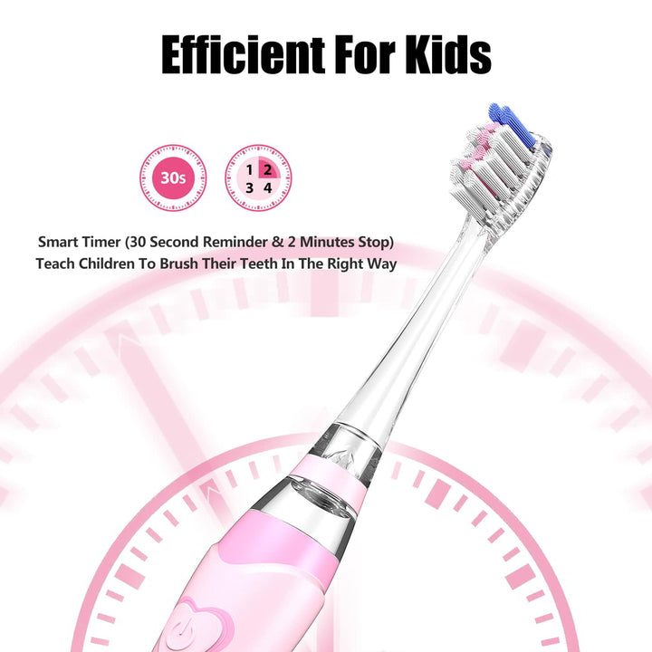 pink kids sonic toothbrush with timer(30 second and 2 minutes pause)
