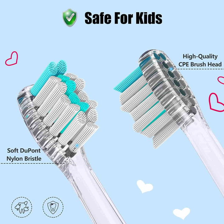 Two toothbrush heads with green bristle and transparent handle, one facing each other and one facing away. Safe brush head for kids
