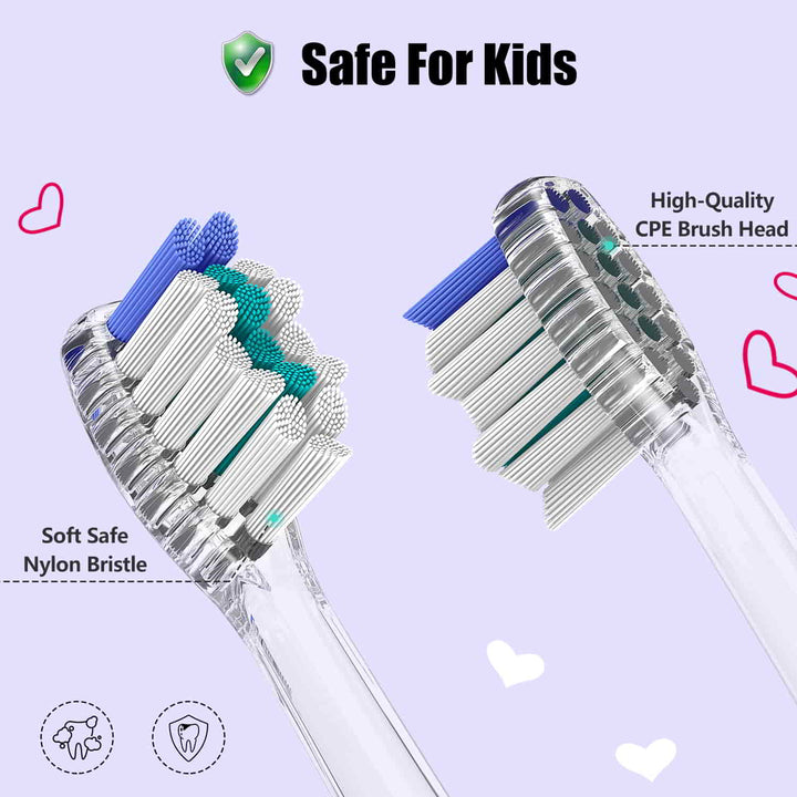 Two toothbrush heads with green and white bristle and transparent handle, one facing each other and one facing away. Safe brush head for kids