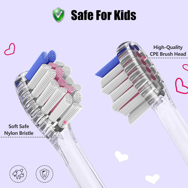 Two toothbrush heads with pink and white bristle and transparent handle, one facing each other and one facing away. Safe brush head for kids