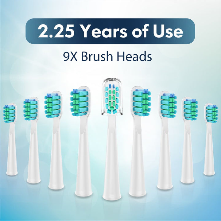 9 white brush heads  that could use 2.25 years