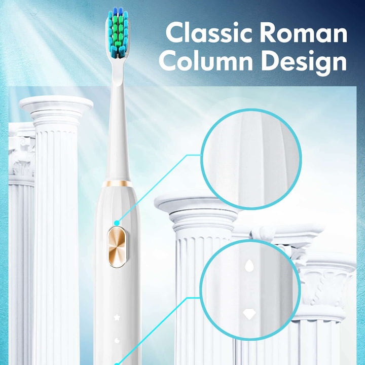 A few beams of light on the white electric toothbrush with classic roman column designed toothbrush and roman columns