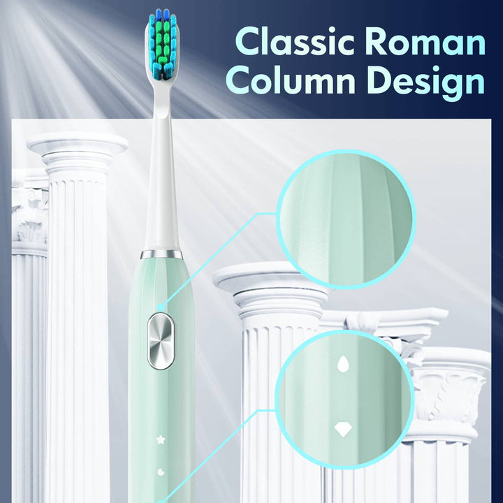 A few beams of light on the green electric toothbrush with classic roman column designed toothbrush and roman columns