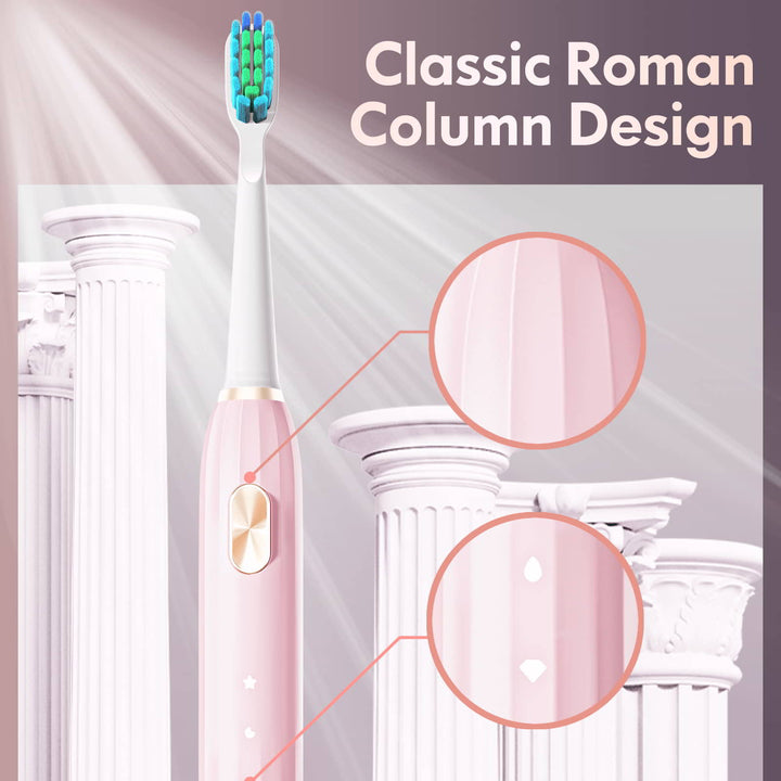 A few beams of light on the pink electric toothbrush with classic roman column designed toothbrush and roman columns