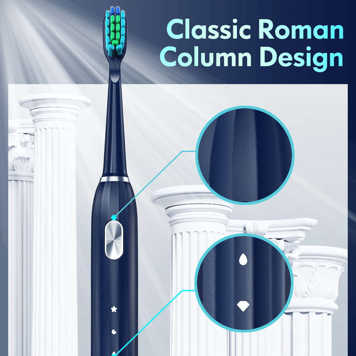 A few beams of light on the blue electric toothbrush with classic roman column designed toothbrush and roman columns