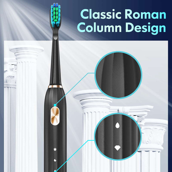A few beams of light on the black electric toothbrush with classic roman column designed toothbrush and roman columns