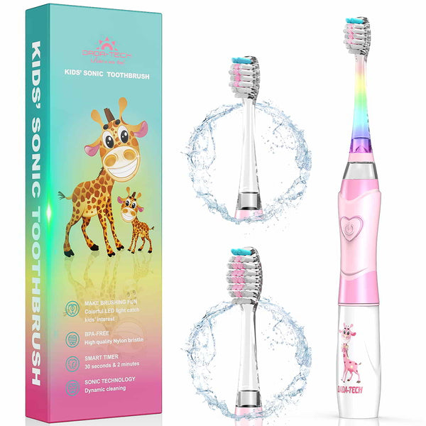 Dada-Tech Kids Electric Toothbrush with Colorful Led Light and Cute Giraffe Icon, pink electric toothbrush