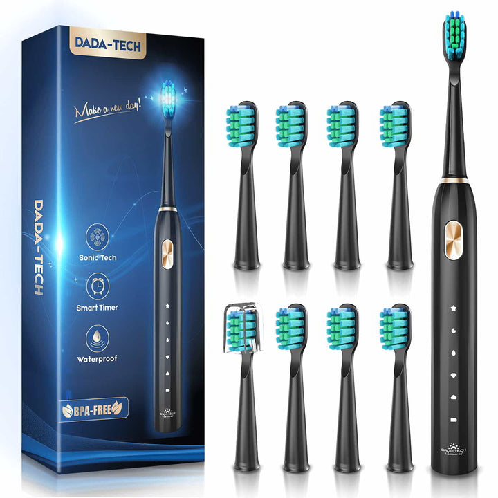 Dada-Tech black electric toothbrush with 8 extra brush heads (one with brush cap) and a package