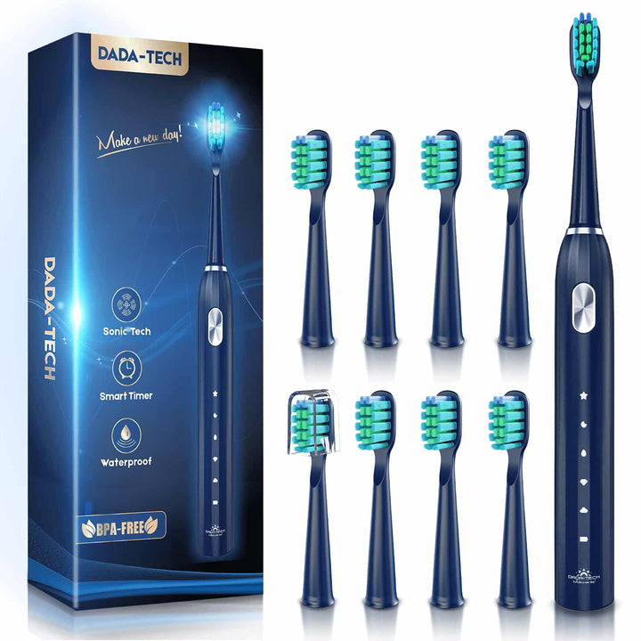 Dada-Tech blue electric toothbrush with 8 extra brush heads (one with brush cap) and a package