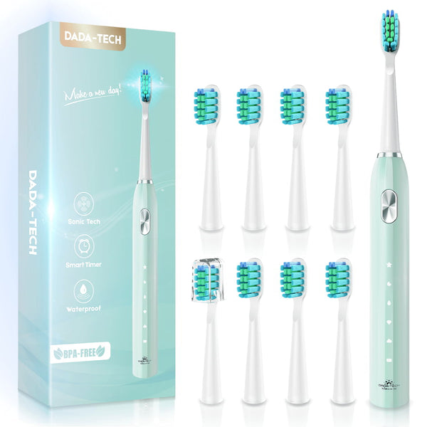 Dada-Tech green electric toothbrush with 8 extra brush heads (one with brush cap) and a package