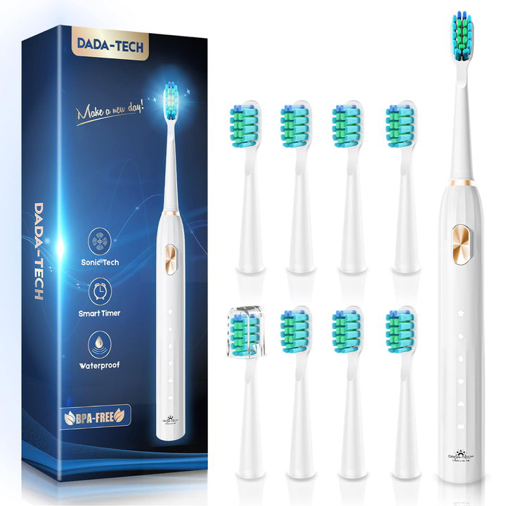 Dada-Tech white electric toothbrush with 8 extra brush heads (one with brush cap) and a package