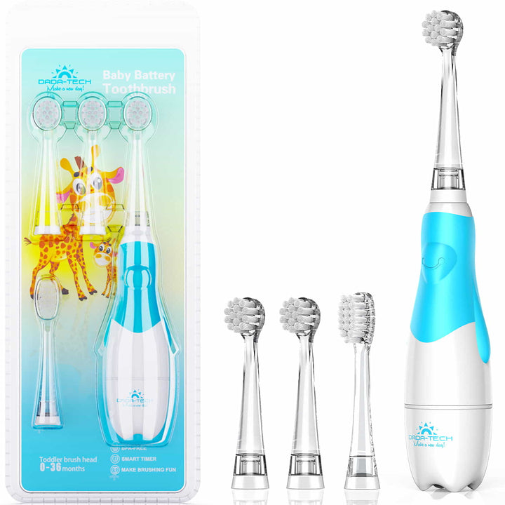 blue baby electric toothbrush with three replacement heads
