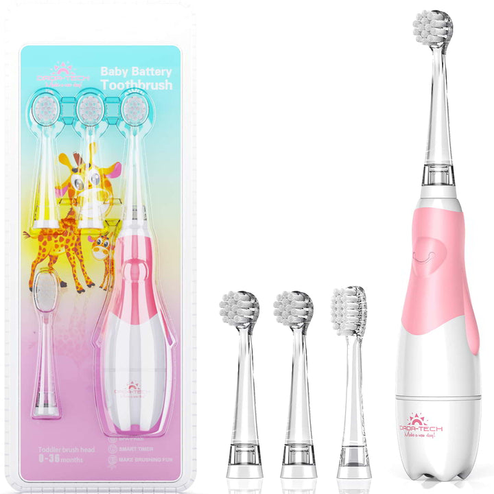 pink baby electric toothbrush with three replacement heads