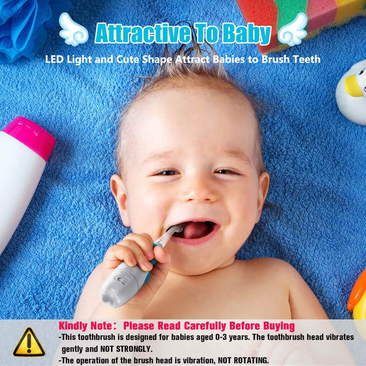 Baby lying on blue blanket happily brushing teeth with Dada-tech blue baby electric toothbrush. Attractive to baby.