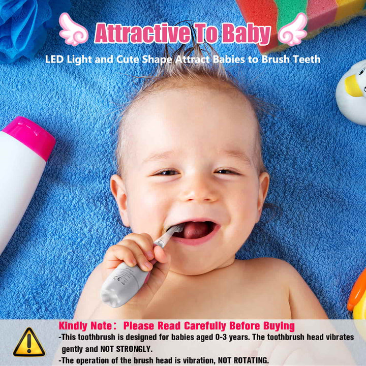 Baby lying on blue blanket happily brushing teeth with Dada-tech pink baby electric toothbrush. Attractive to baby.