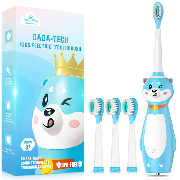 Dada-Tech Silicone Electric Toothbrush for Kids, Blue Cute Dog Shape, 3 replacement brush heads,