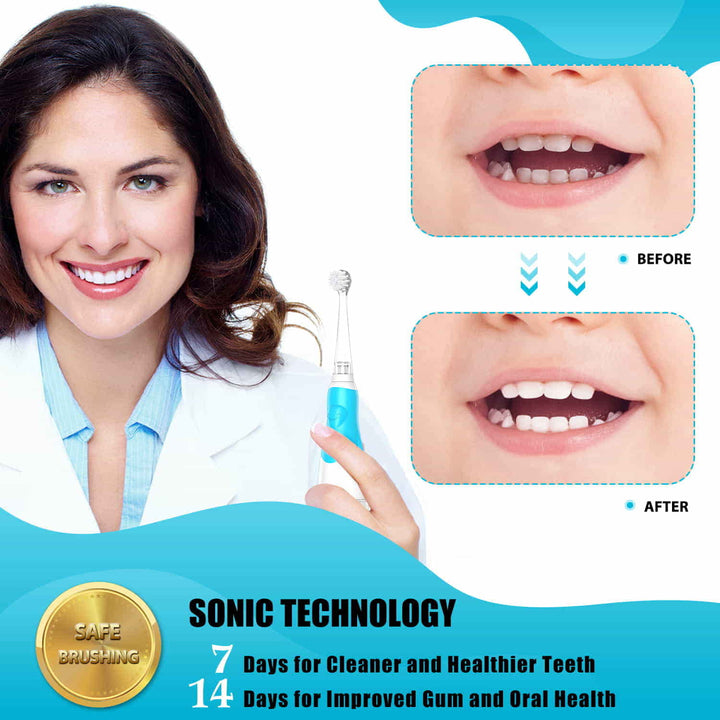 The lady dentist is holding a blue toothbrush and smiling. Tooth comparison before and after using the latest technology toothbrush.