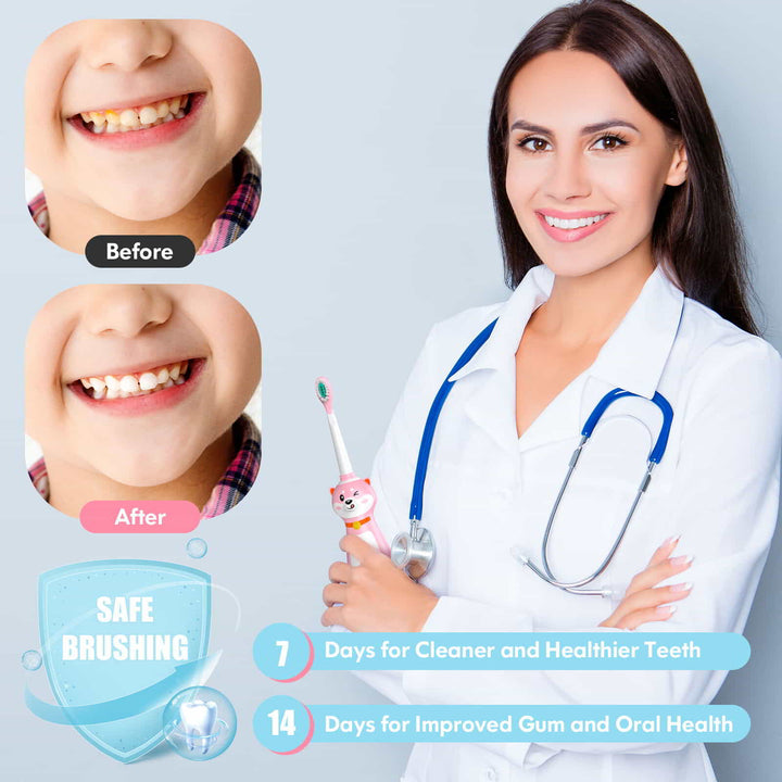 The lady dentist is holding a pink toothbrush and smiling with arms acrossed. Tooth comparison before and after using the latest technology toothbrush.
