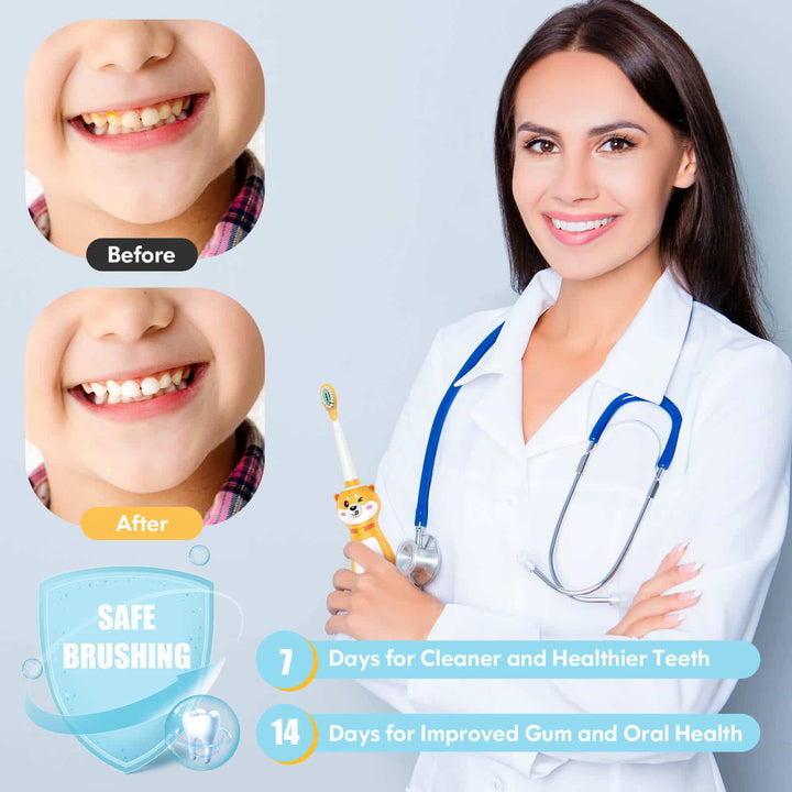 The lady dentist is holding a yellow toothbrush and smiling with arms acrossed. Tooth comparison before and after using the latest technology toothbrush.