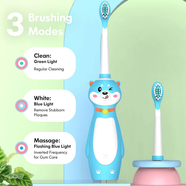 The dog-shaped blue kids sonic toothbrush has three modes: clean, white, massage