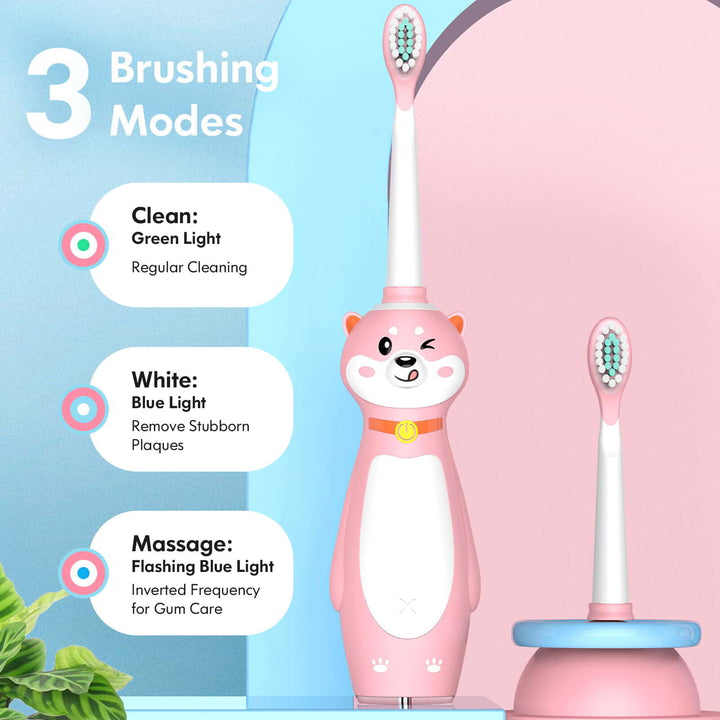 The dog-shaped pink kids sonic toothbrush has three modes: clean, white, massage