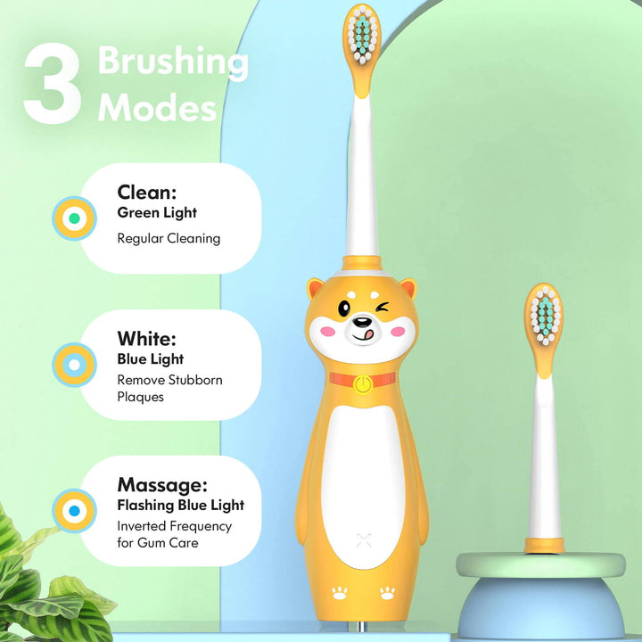 The dog-shaped yellow kids sonic toothbrush has three modes: clean, white, massage