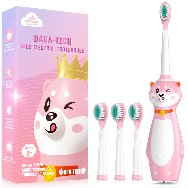 Dada-Tech Silicone Electric Toothbrush for Kids, Pink Cute Dog Shape, 3 replacement brush heads,
