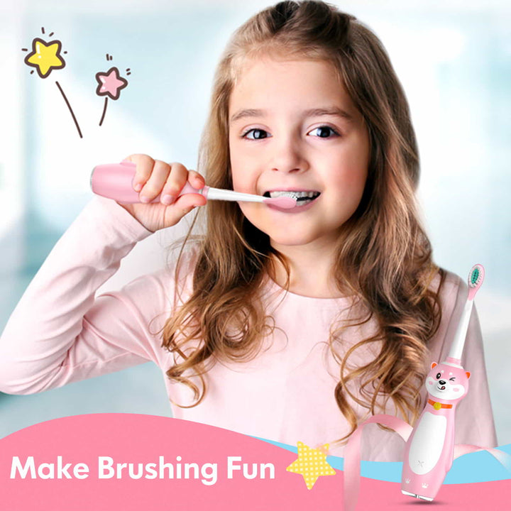 Little girl with long hair happily brushes her teeth with a pink electric toothbrush in the shape of a dog