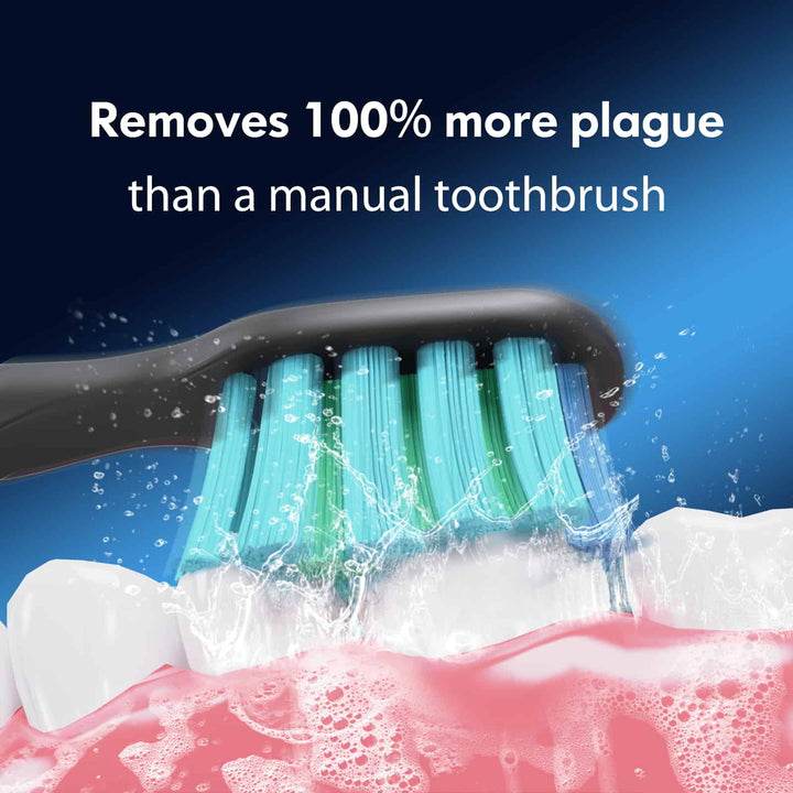 A  black vibrating brush head is brushing teeth, removes 100% more plague than a manual toothbrush