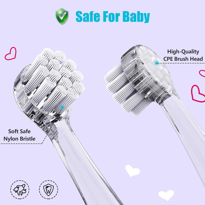 Two Baby Electric Toothbrush Replacement Heads, soft safe nylon bristle, high-quality CPE round head and transparent handle.