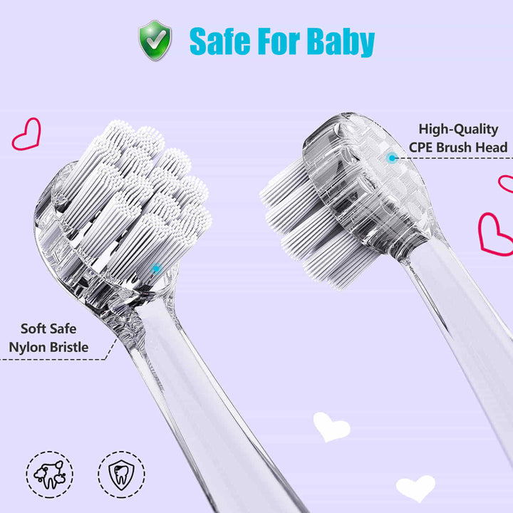 Two transparent toothbrush heads, one facing each other and one facing away. Safe brush head for baby